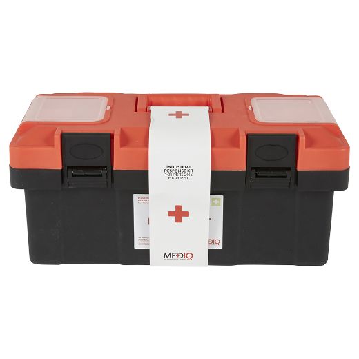 Picture of MEDIQ ESSENTIAL FIRST AID KIT WORKPLACE RESPONSE IN ORANGE/BLACK PLASTIC TACKLE BOX 1-25 PERSONS HIGH RISK