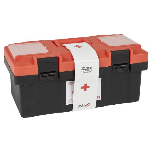 Picture of MEDIQ ESSENTIAL FIRST AID KIT WORKPLACE RESPONSE IN ORANGE/BLACK PLASTIC TACKLE BOX 1-25 PERSONS HIGH RISK