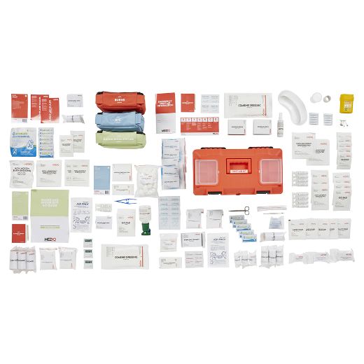 Picture of MEDIQ ESSENTIAL FIRST AID KIT WORKPLACE RESPONSE IN ORANGE/BLACK PLASTIC TACKLE BOX 1-25 PERSONS HIGH RISK