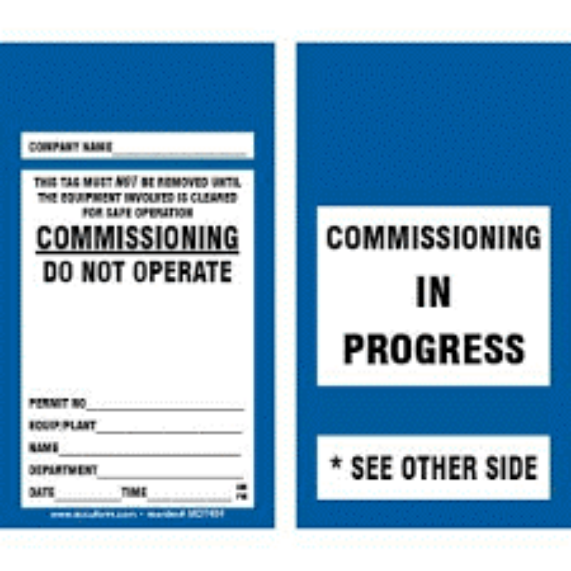 Picture of COMMISSIONING IN PROGRESS Tag Black text on Blue & White Background 95 x 165mm Tyvek Tags (Pkt 100 inc Cable Ties)