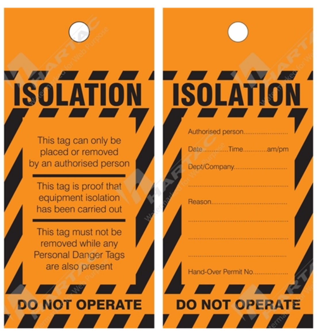 Picture of ISOLATION Tag Black text on Orange Background 95 x 165mm (Pkt 100)