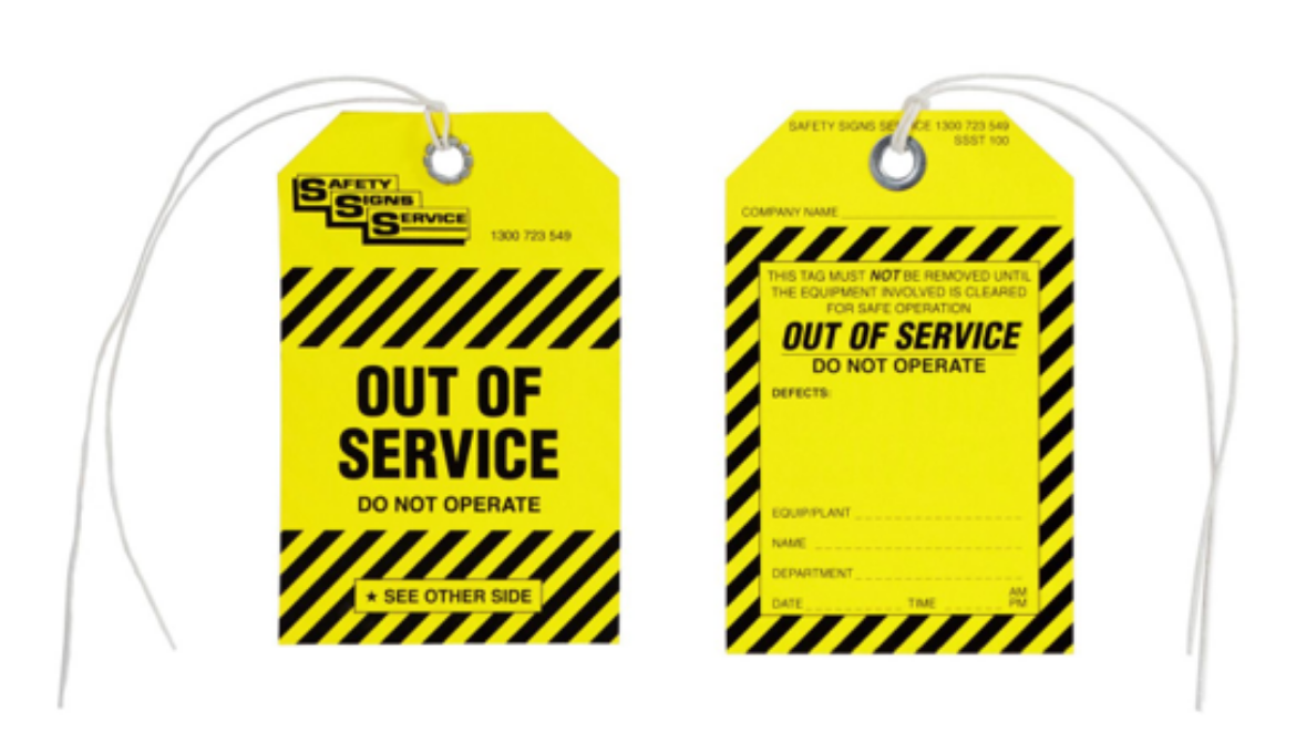 Picture of OUT OF SERVICE TAG - TEARPROOF - PK 100 125mmx75mm EYELET & STRING BLACK/YELLOW