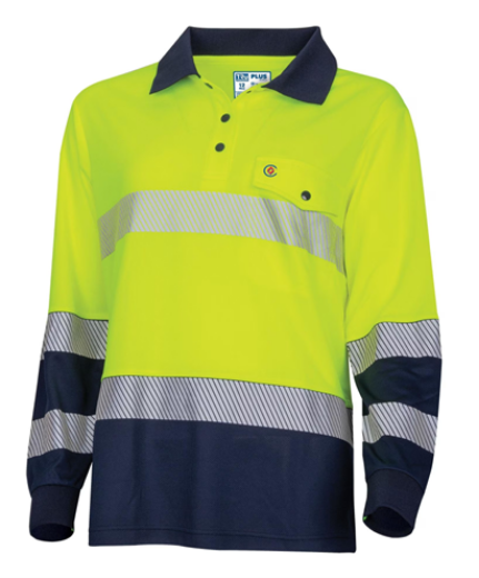 Picture of Tru Workwear Womens Recycled Anti-Microbial Micromesh L/S Two Tone Hi-Vis Polo Shirt With Segmented Tape